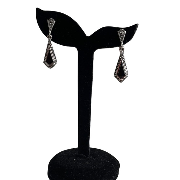 Sterling Silver Kite Black Onyx Marcasite Earrings - Picture 4 of 4